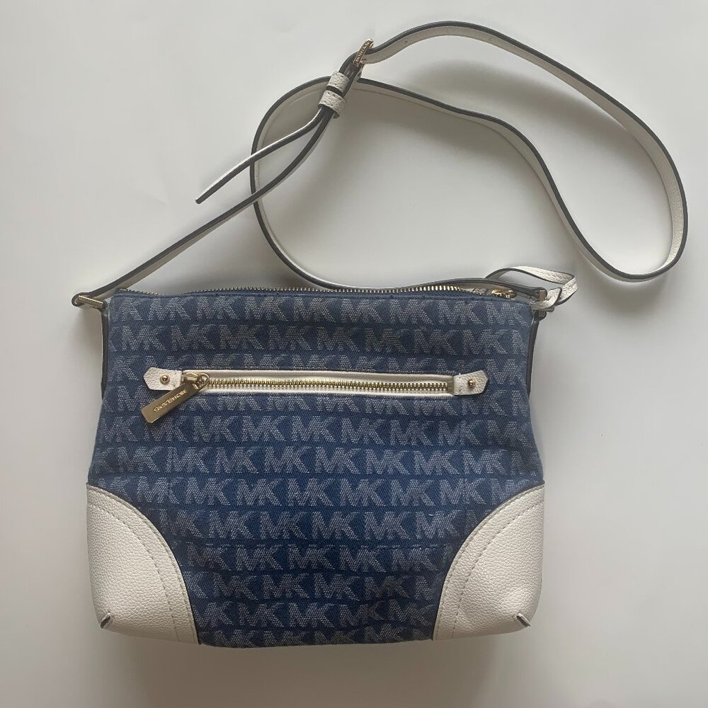 Michael Kors Denim MK Monogram Crossbody – Blue & White